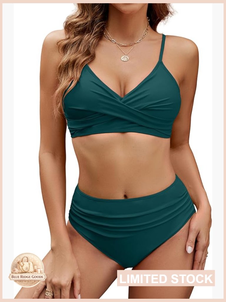 High Waisted Bikini Set Tummy Control V Neck Criss Cross Tie Side Swimwear